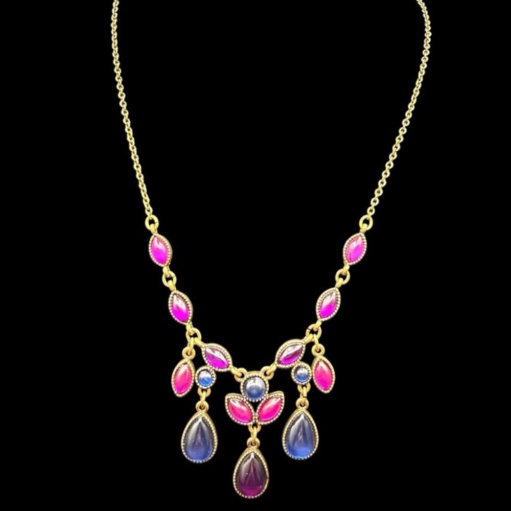 Vintage Signed SAC GoldTone Necklace with Pink Blue Teardrop Crystal Gem Accents